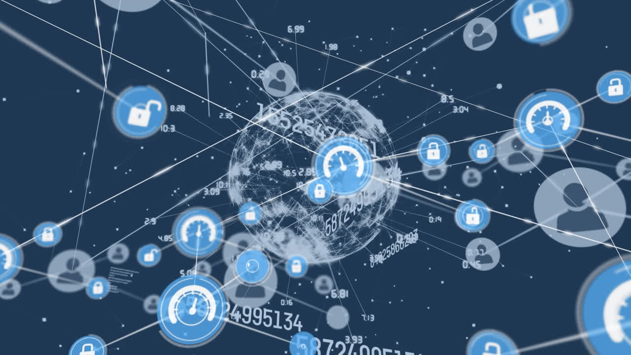 Animation of network of connections with digital icons and globe with numbers changing