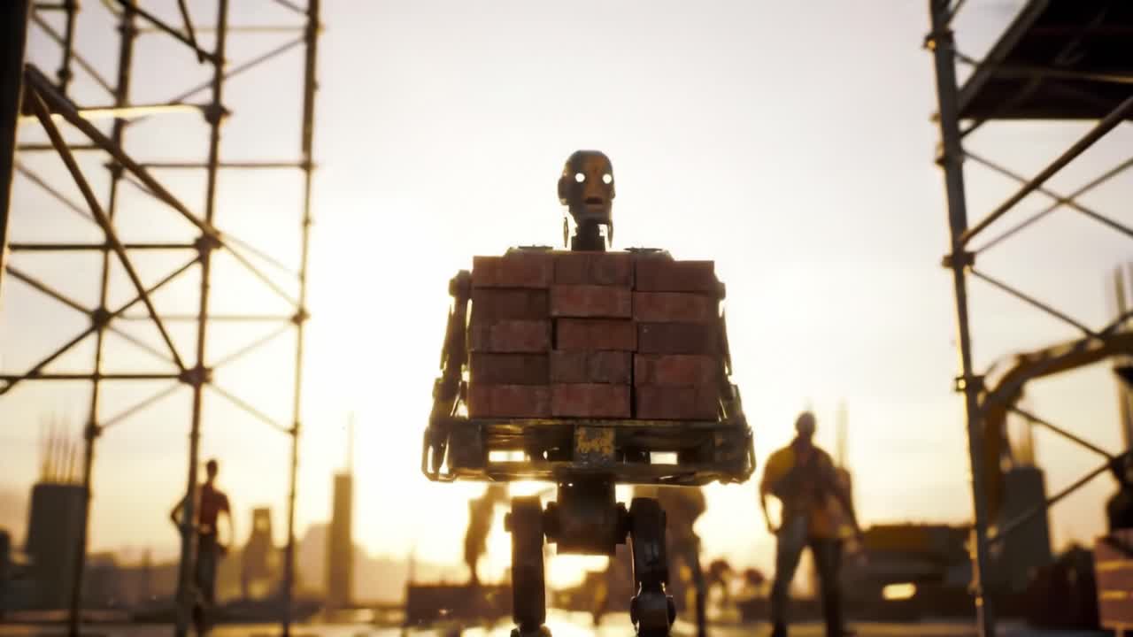 A Robotic Worker Transporting Bricks on a Construction Site at Sunset, Highlighting Automation and Industrial Progress