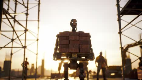 a robotic worker transporting bricks on a construction site at sunset, highlighting automation and industrial progress