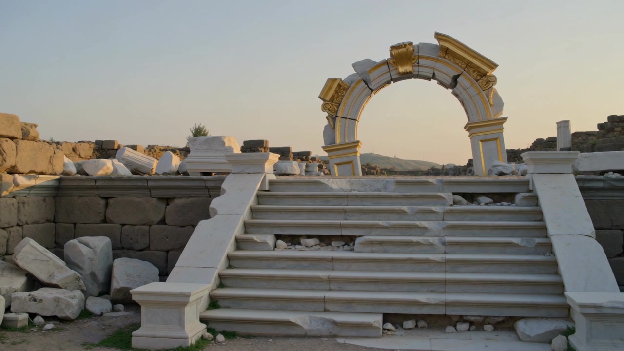 Telecamera in movimento che stringe l'inquadratura su una scalinata in pietra intagliata e un arco dorato tra le rovine, con detriti.