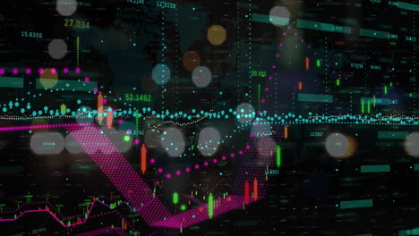animación del procesamiento de datos financieros sobre luces de carretera de la ciudad fuera de enfoque