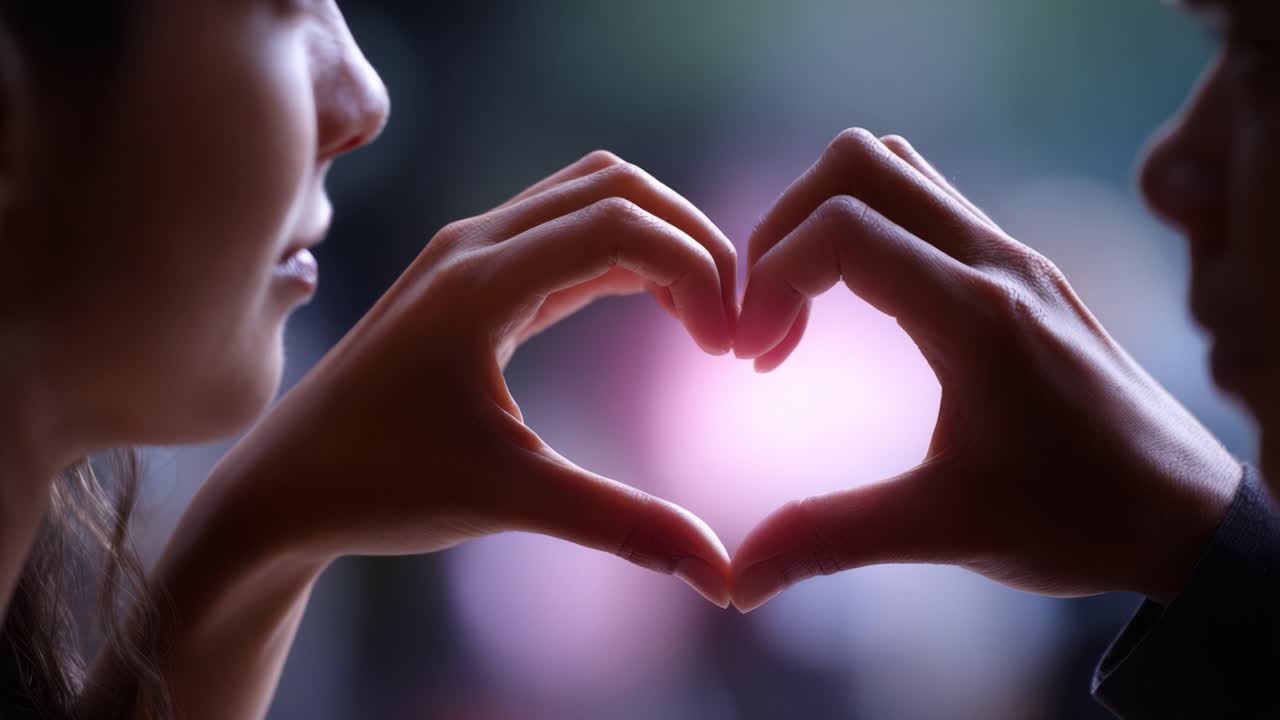 Due persone creano con le mani un cuore affettuoso, che simboleggia l'affetto e la connessione in un momento di intimità e unione sotto una luce soffusa.