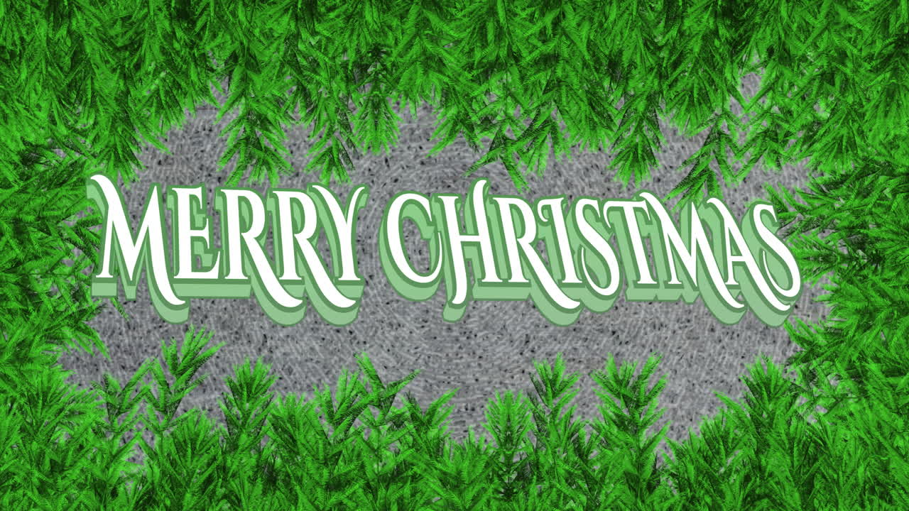 Animation of merry christmas text over christmas tree decorations background