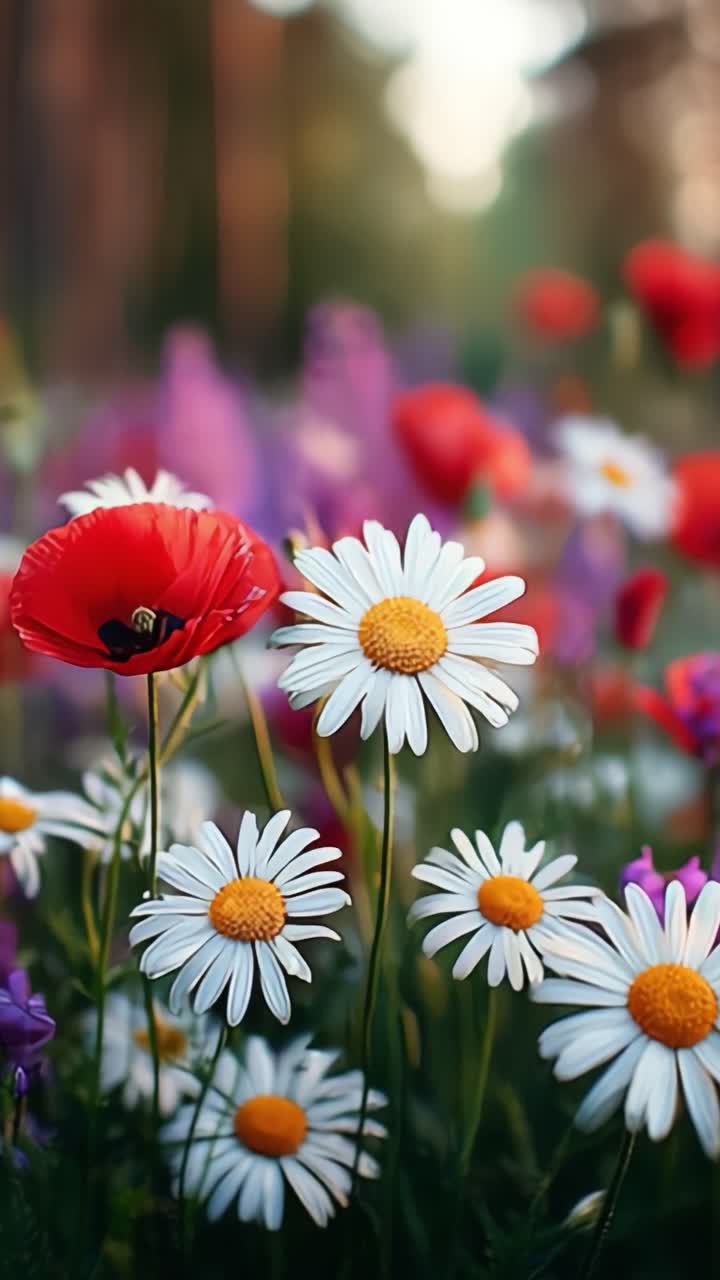 Un bellissimo primo piano di fiori selvatici colorati in piena fioritura, che mostra papaveri rossi vibranti e margherite bianche luminose in un lussureggiante paesaggio naturale.