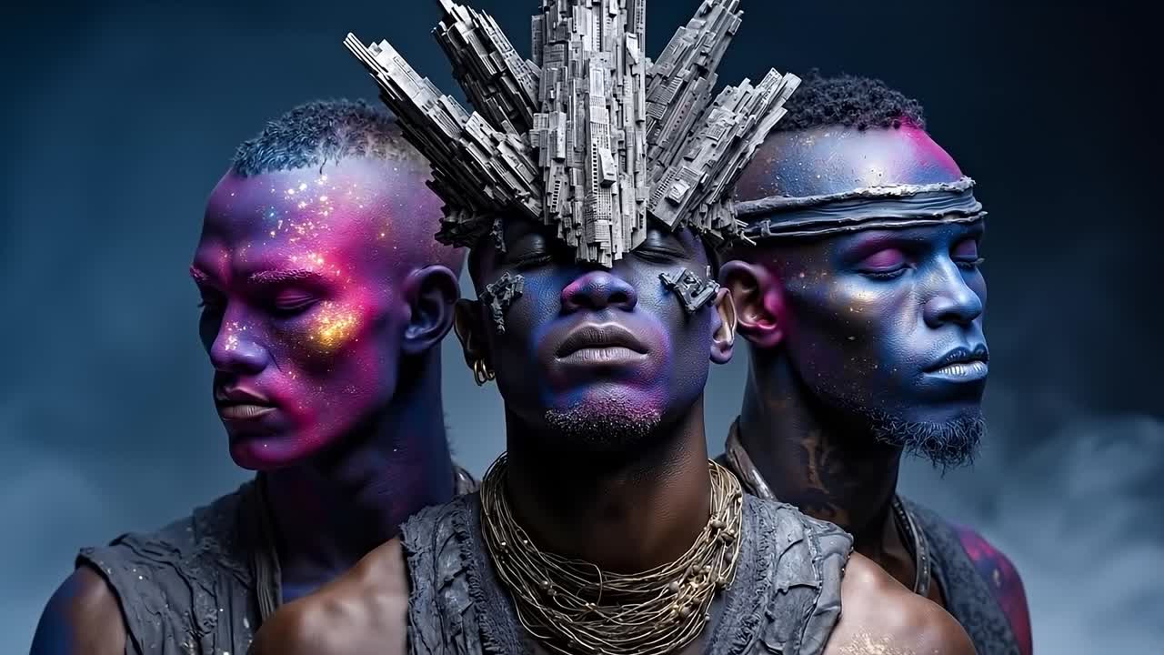 A group of three men with colorful face paint and a crown on their head
