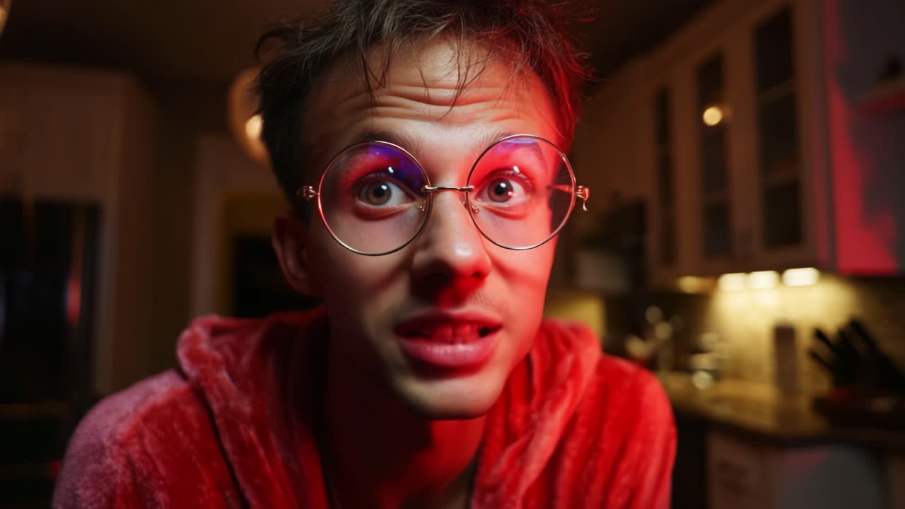 A young man in a vibrant robe with round glasses gazes thoughtfully at the camera, illuminated by soft red lighting, creating a dramatic and contemplative atmosphere in a cozy kitchen setting
