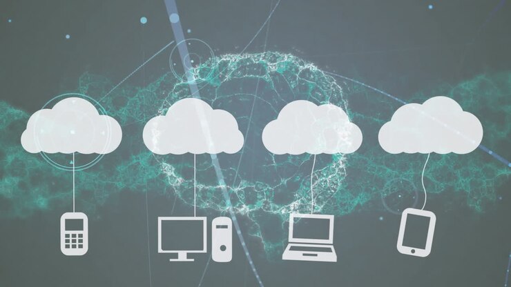 Animation of human brain over digital clouds with electronic devices and network of connections