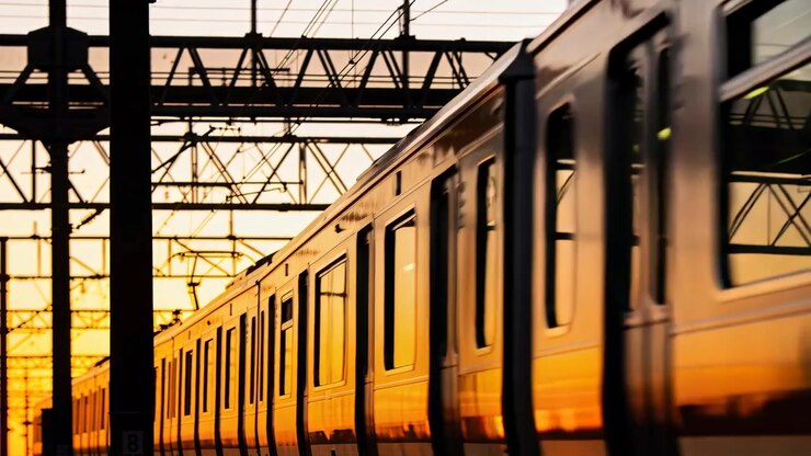 Approaching commuter train entering frame, moving past tracks at sunset with catenary gantry