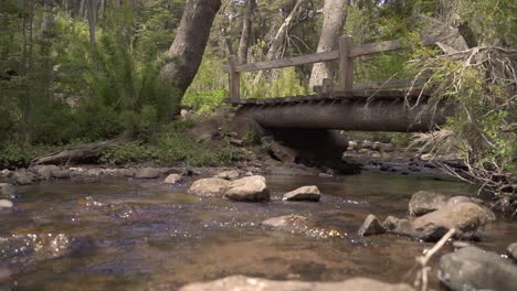 Rack-Fokus-Vom-Ruhigen-Felsigen-Bach-Bis-Zur-Leeren-Holzbrücke-Im-Wald-In-Zeitlupe-60fps