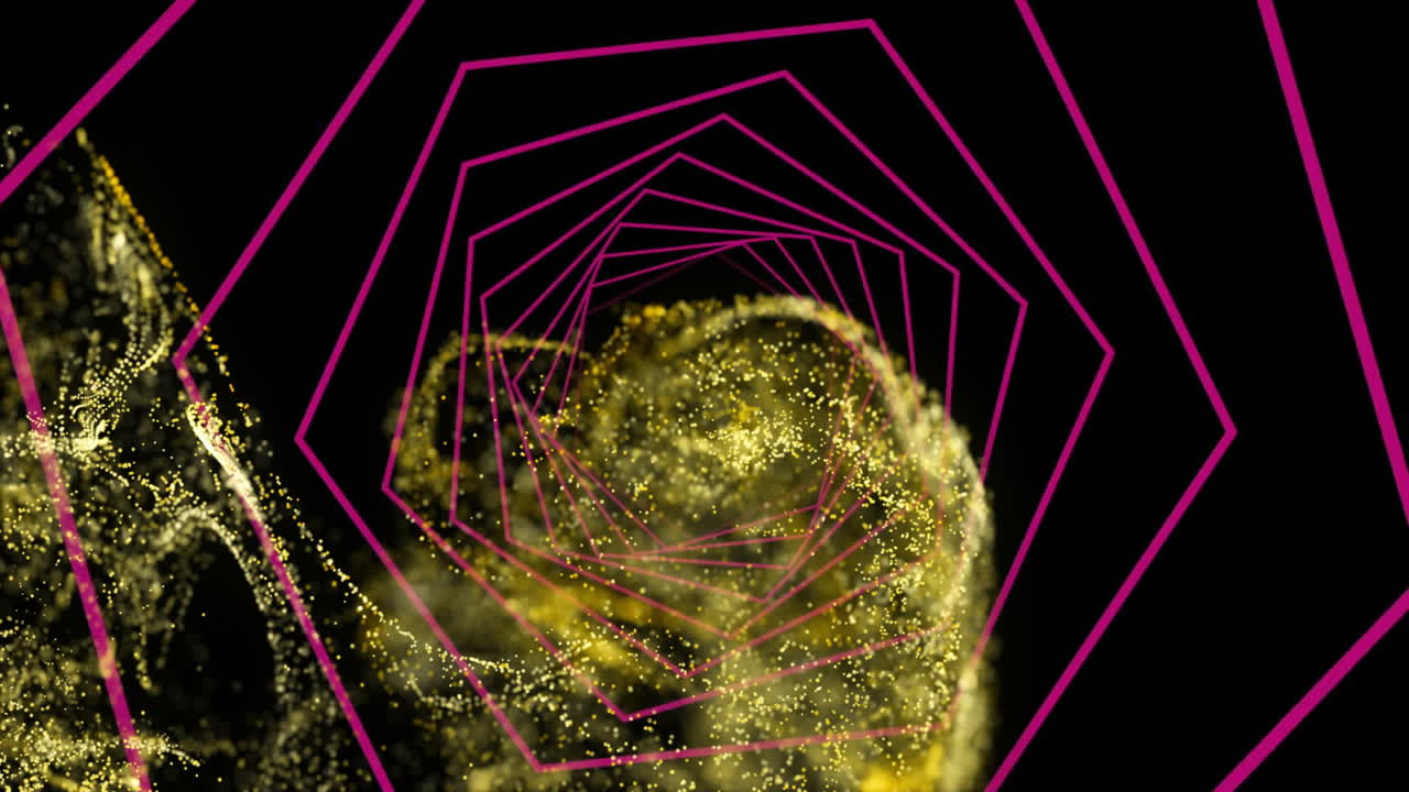 Swirling golden particles with geometric pink shapes on black background animation