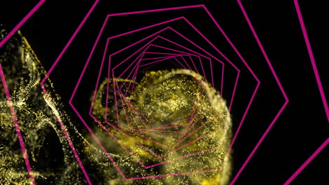 swirling golden particles with geometric pink shapes on black background animation