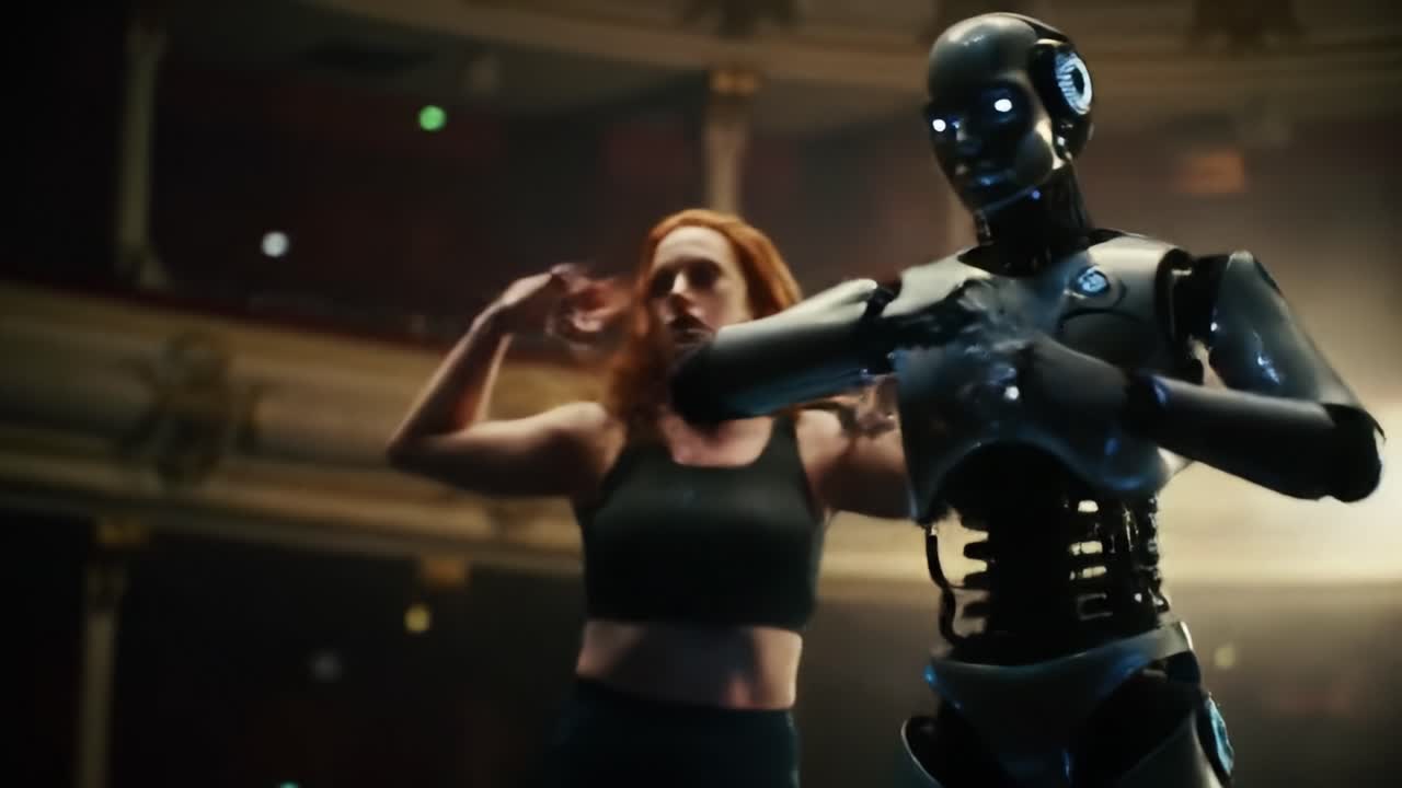 A dynamic performance features a dancer in black engaging in a mesmerizing duet with a humanoid robot. The energetic display highlights the blend of art and technology in a grand venue.