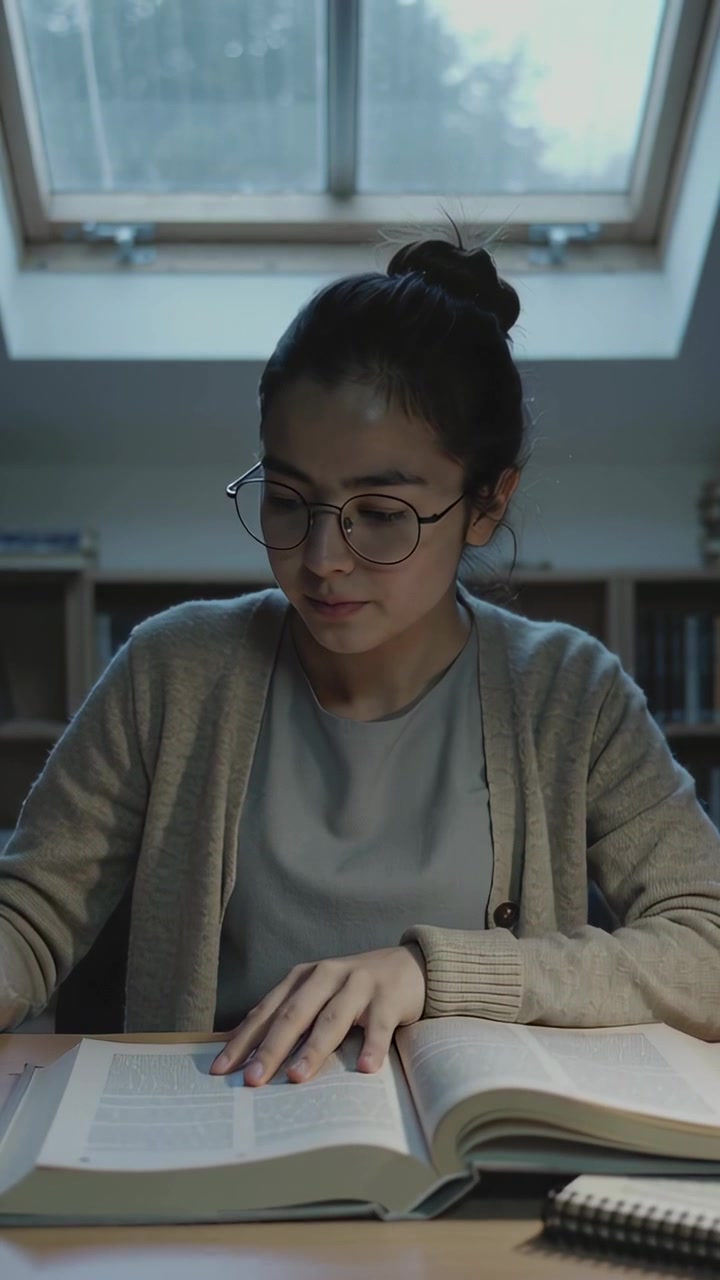 Vertikal video: Kvinne i grå cardigan drikker fra et krus, blar i en lærebok og studerer under et takvindu