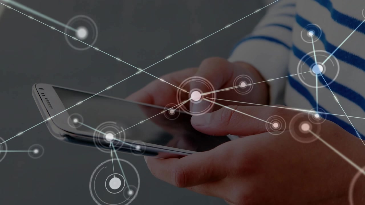 Man holding phone and pressing screen, generating expanding HUD mesh overlaying hands for tech demo