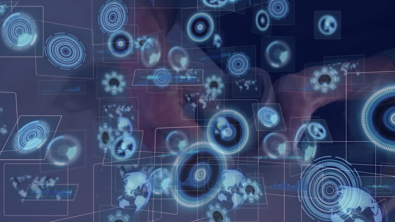 Hands using smartphone with digital interface and holographic data animations