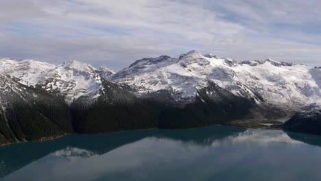 Montañas-Nevadas-Blancas-De-Whistler,-Canadá-Junto-Al-Lago-Fresco-Y-Tranquilo--antena
