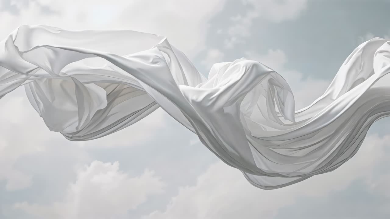 Billowing translucent fabric sheet responding to gentle breeze in pale sky, revealing clouds