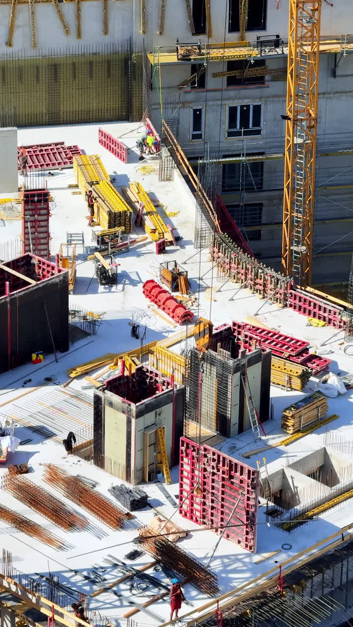 Active construction site. Workers are busy at a construction site, using cranes and tools to build a new structure in an urban area
