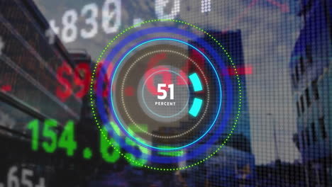 Animation-of-stock-market-and-loading-scope-scanning-over-cityscape