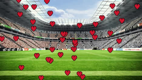 Hearts animation over football stadium with green field and audience