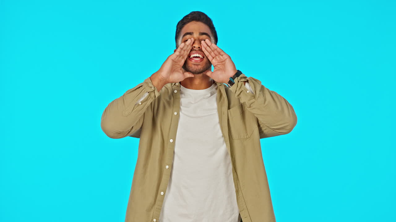 Man, face and wave hello in studio with shouting