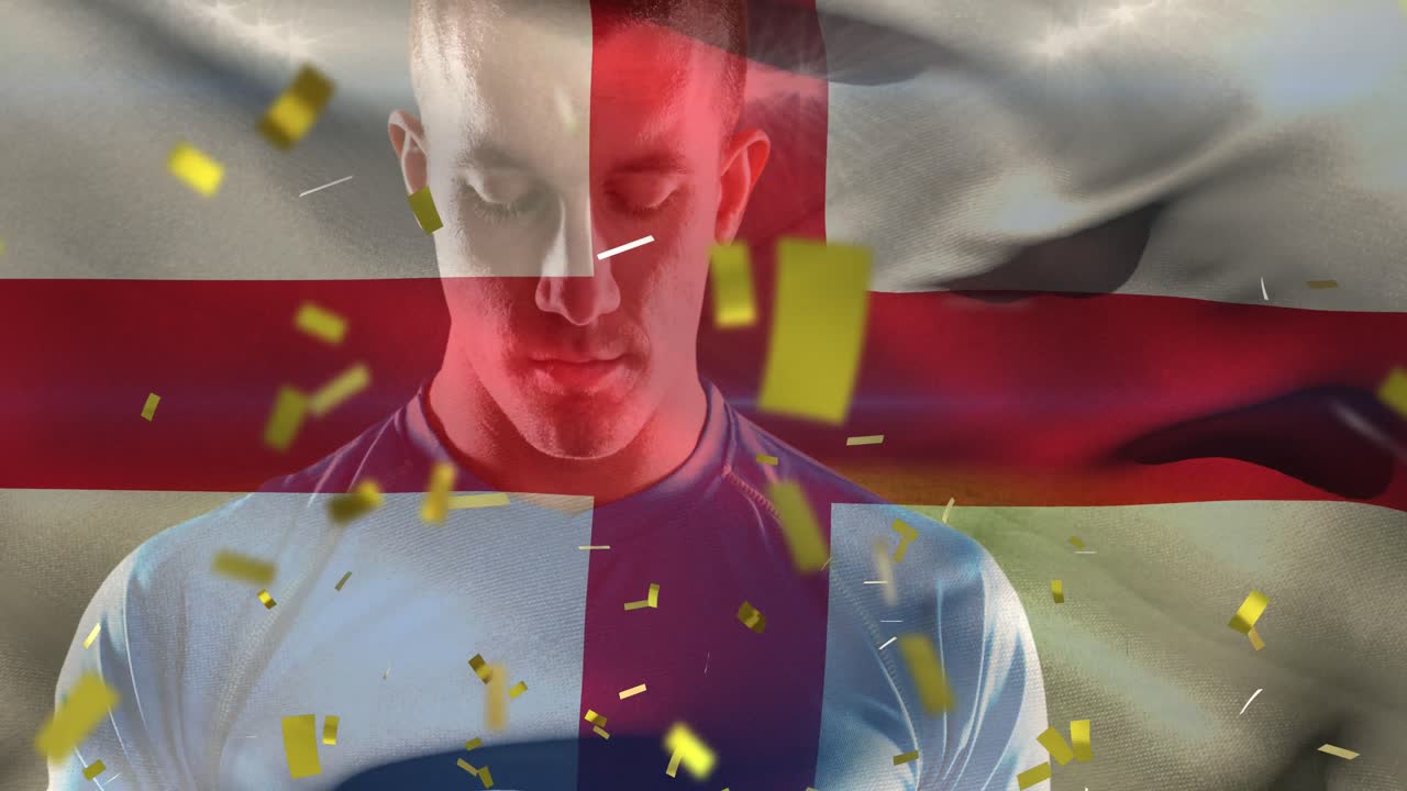 animación de la bandera de inglaterra y confeti sobre un jugador de rugby caucásico con una pelota en el estadio