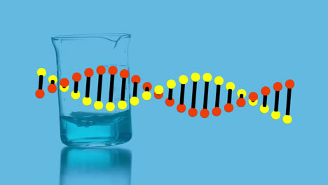 Animación-De-Una-Cadena-De-ADN-Girando-Sobre-Un-Vaso-De-Laboratorio-Con-Líquido-Sobre-Fondo-Azul.