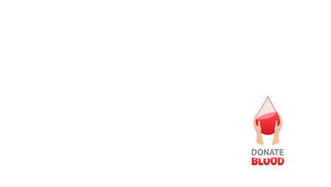 Animation-of-donate-blood-text-with-hands-holding-blood-droplet-logo,-on-white-background