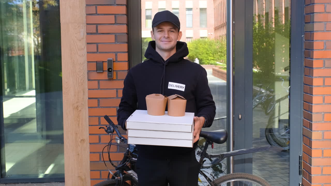 joven sosteniendo cajas de pizza en la entrada del edificio