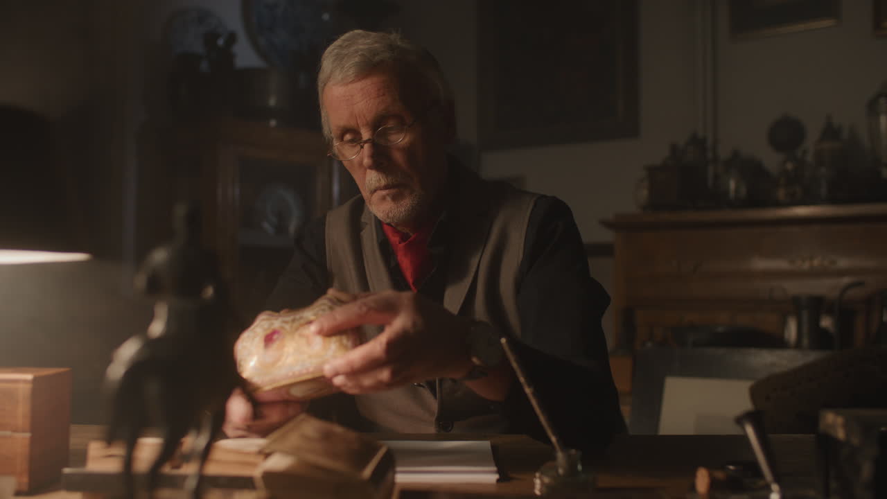 Older passionate man evaluates an old porcelain box