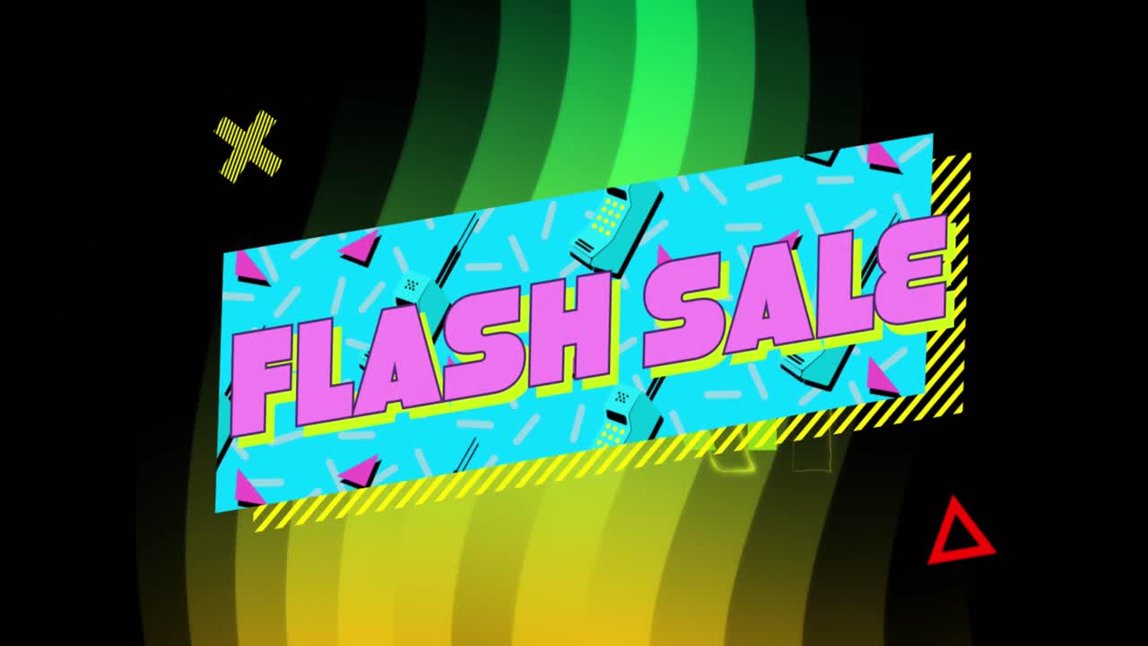 추상적인 패턴의 x 기호와 삼각형 위에 직사각형으로 플래시 판매 텍스트의 애니메이션