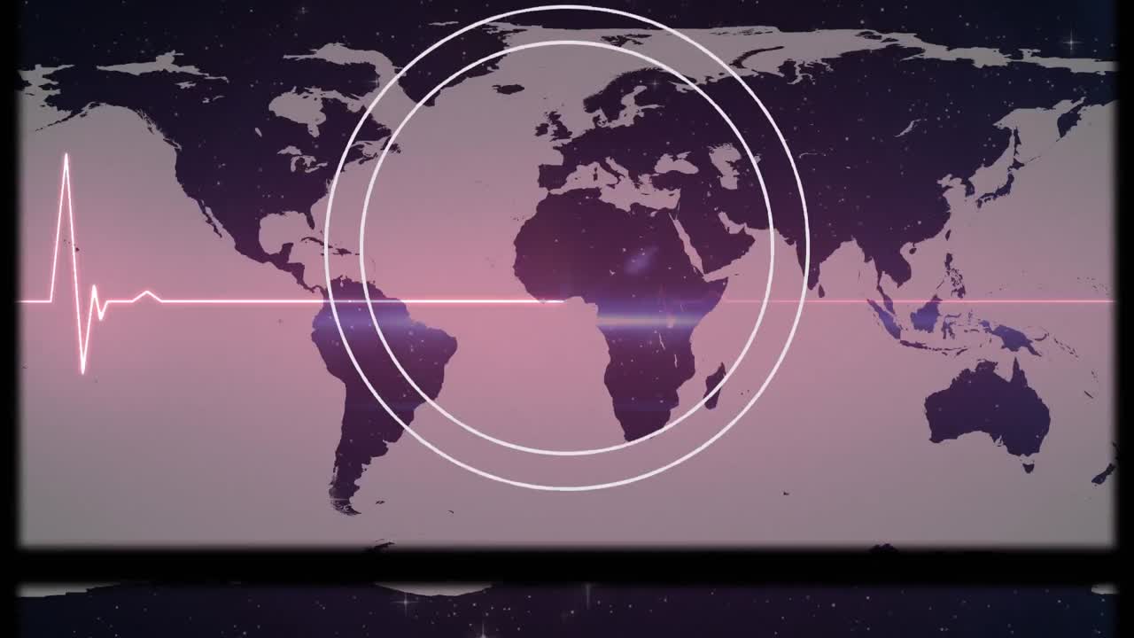 animación de un círculo y un monitor de frecuencia cardíaca sobre el mapa del mundo