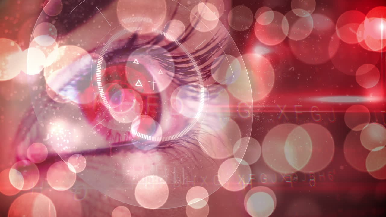 분홍색 반 ⁇ 이는 빛의 반점, 데이터 처리 및 여성 눈의 근접 스캔