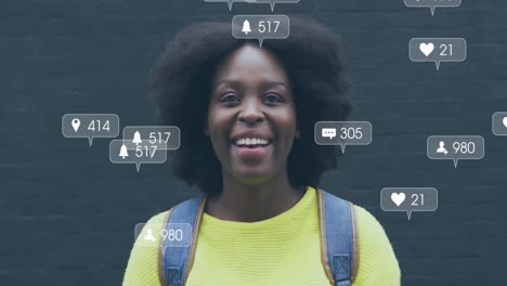 Animación-De-Notificaciones-De-Redes-Sociales-Sobre-El-Retrato-De-Una-Mujer-Afroamericana-Sonriente