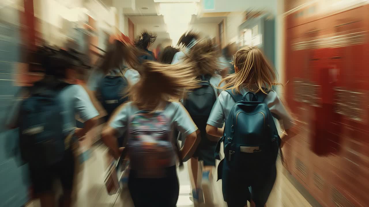 Walking group of teen pupils in uniforms moving down school corridor after bell, backpacks, lockers