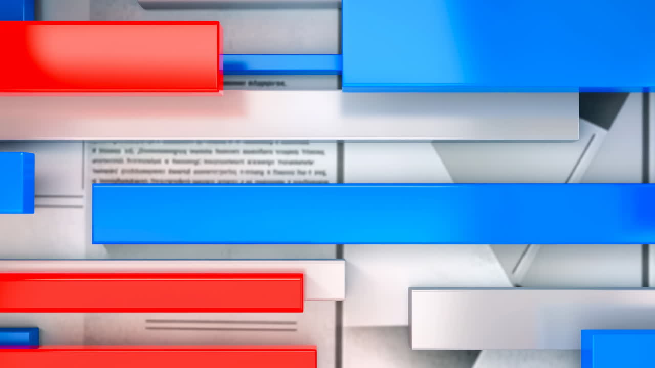 Dynamic Red Blue Broadcast Bars Moving Over Layered White Panels And Newsprint Texture, Glossy Dimensional