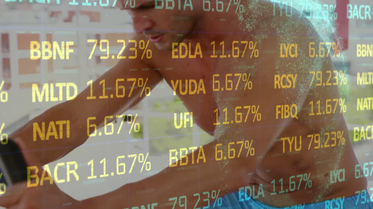 Animation overlaying stock market data while person exercising on stationary bike