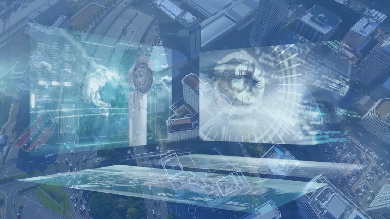 도시 풍경 위의 화면에 있는 데이터 처리 및 아이콘의 애니메이션