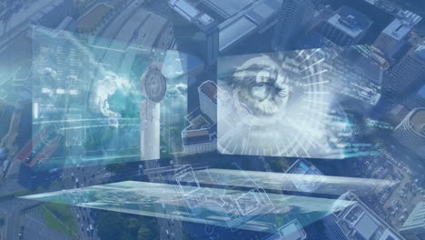 animation of data processing and icons on screens over cityscape