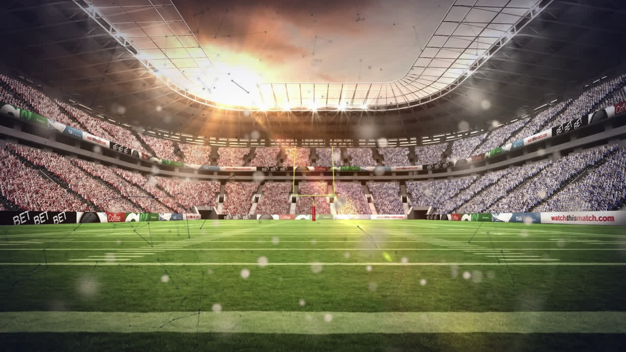 animación de luces parpadeando sobre el estadio al atardecer