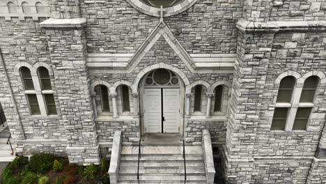 slight angle looking down at a gothic stone church