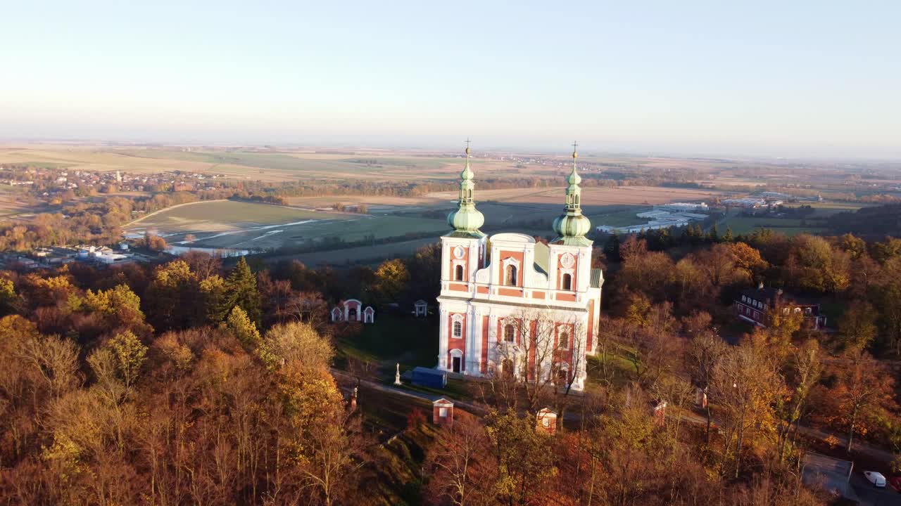 Aerial View of a Church in Autumn