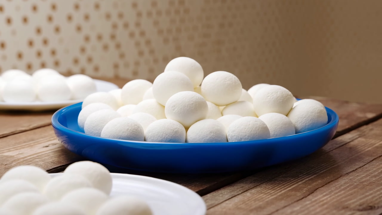 White Rasgulla Balls On Blue Plate, Piled On Rustic Wooden Table In Warm Soft Light, Homemade Indian Cottage
