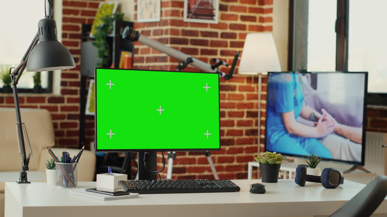 Empty office desk with greenscreen template on monitor