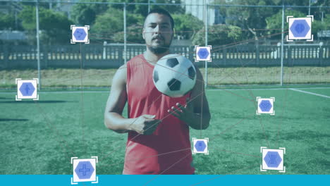 red de conexiones contra el retrato de un jugador de fútbol masculino un fútbol