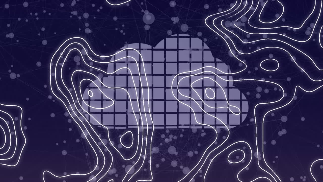 Animation of white lines networks of connections and digital cloud on blue background