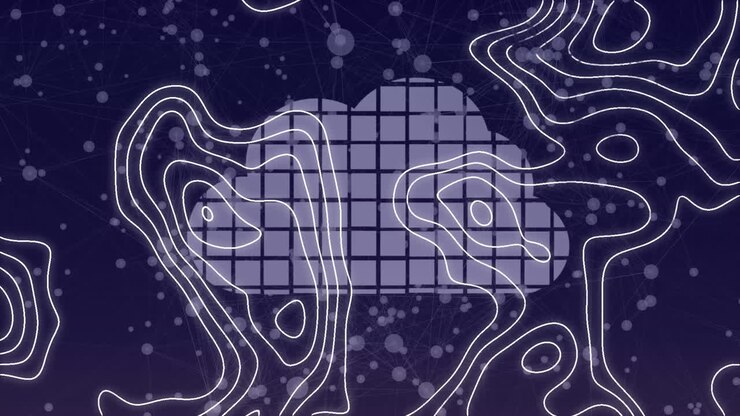 Animazione di reti di connessioni a linee bianche e una nuvola digitale su sfondo blu