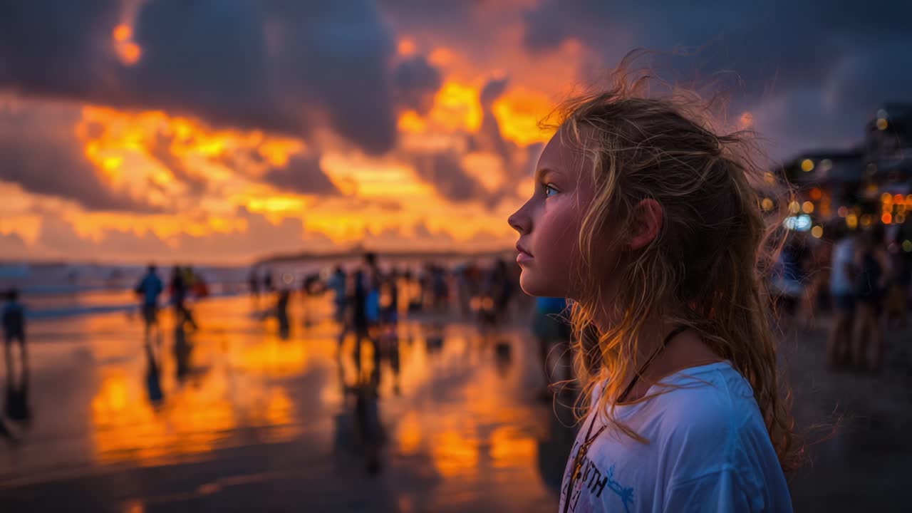 A Serene Reflection on the Beach: Capturing the Emotions of a Young Girl at Sunset Amidst a Vibrant Sky and Gentle Waves