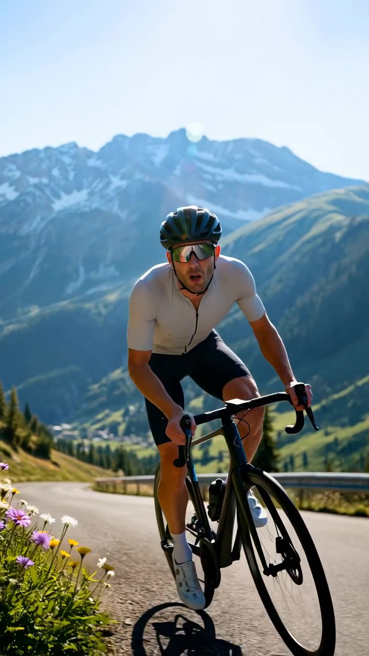 Un ciclista con casco avanza da una vista frontale a una ravvicinata laterale mentre pedala su una strada di montagna asfaltata, con luce diurna intensa, fiori colorati, colline verdi e aspre creste innevate