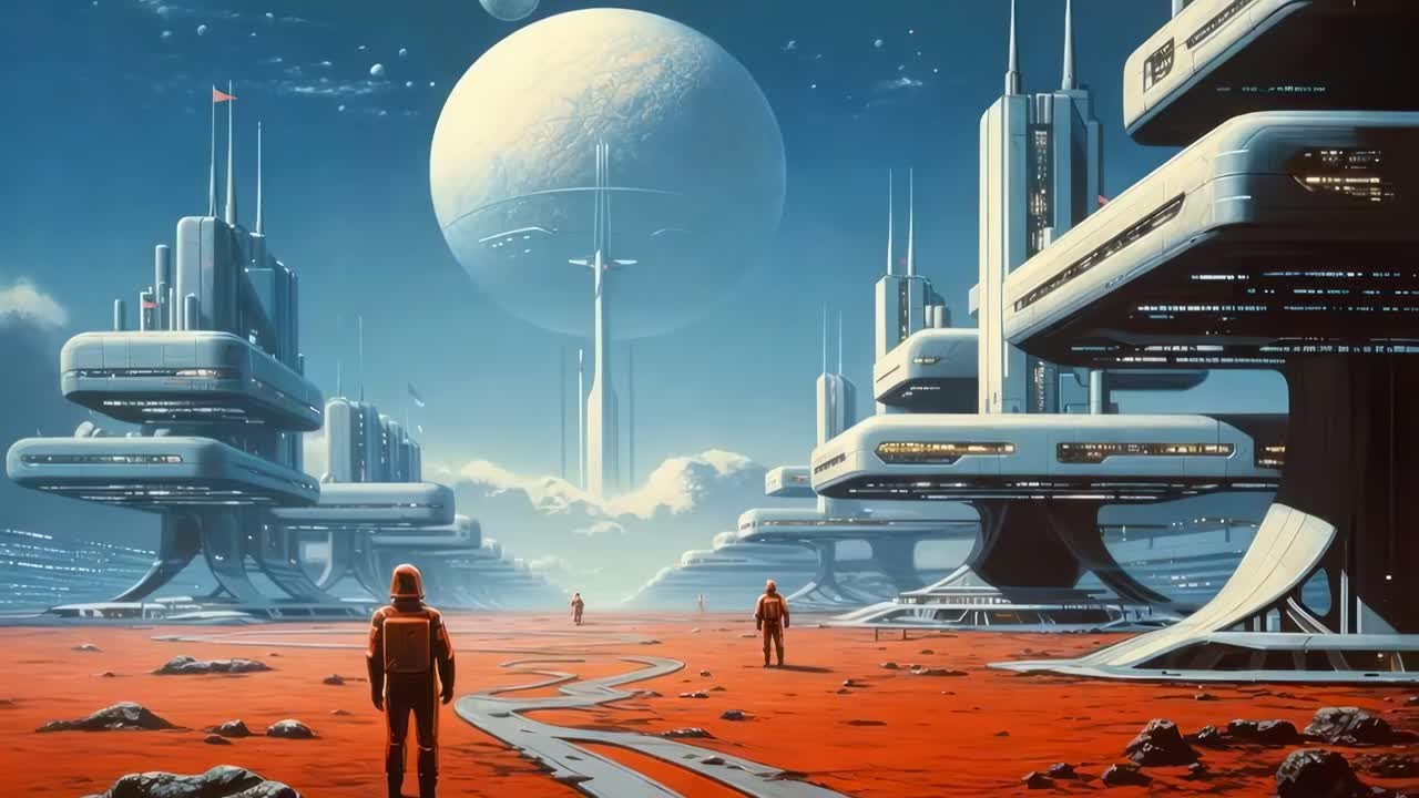 Futuristic cityscape on a red planet with astronauts, viewed from a low angle